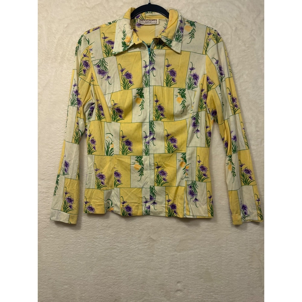 Vintage Young Dimensions Saks Fifth Avenue Floral Zip Front Blouse Yellow Purple